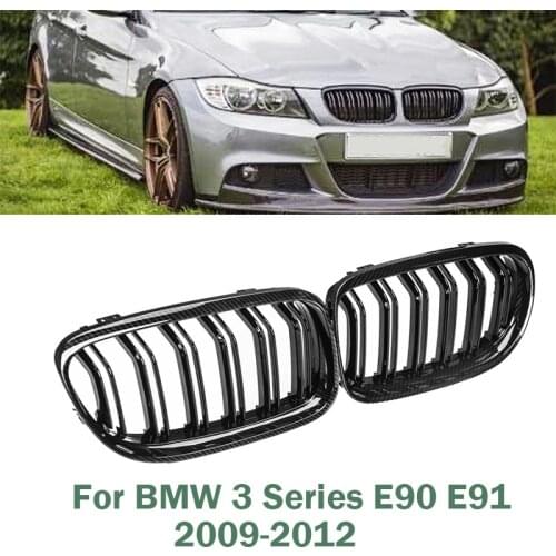 A Pair Car Grille Grill Front Kidney Glossy 2 Line Double Slat For BMW 3 Series E90 E91 2009-2012 Car Styling