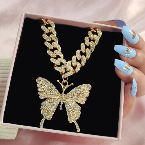 Caraquet Iced Out 13mm Full Crystal Miami Cuban Link Choker Necklace for Women Man Big Butterfly Pendants Necklace Punk Jewelry