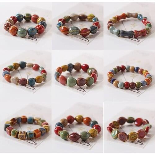 DoreenBeads Ethnic Style Fashion Glaze Ceramic Beaded Dainty Bracelets Strand Bracelet Multicolor Elastic Loves' Gifts 1 Piece