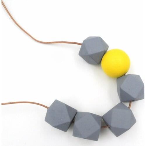 Geometric Wood Necklace Hand Painted Faceted Wooden Hedron Necklace Grey and yellow NW080