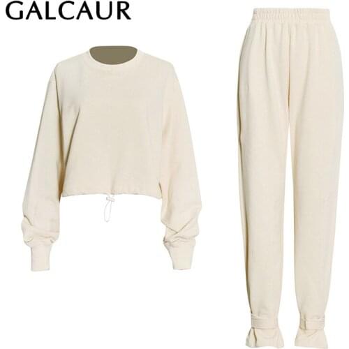 GALCAUR Solid Casual Two Piece Set For Women Round Neck Long Sleeve Drawstring Top High Waist Pant Female 2021 Autumn Clothing