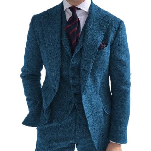 Blue Tweed Costume Homme 3 Pieces Slim Fit Wedding Men Suits Tuxedos Groom Wear Prom Blazer Terno Masculino Jacket+Pant+Vest