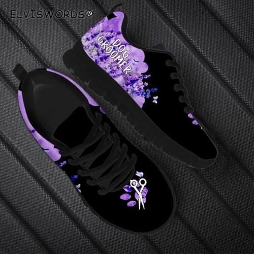 ELVISWORDS Dog Groomer Lavender Cloud Pattern Breathable Sneaker Flats for Women Comfortable Ladies Walking Shoes Footwears