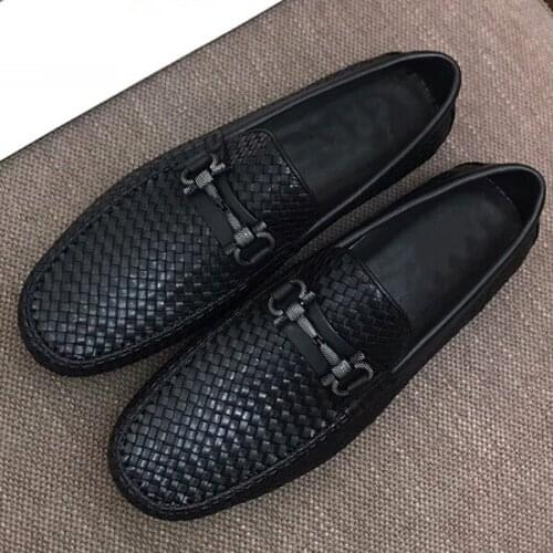 Guangzhou Mens Leather Peas Shoes Mens Metal Buckle Casual Woven Shoes Pedal Lazy Shoes Driving Shoes