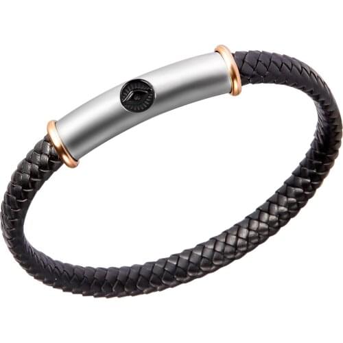 Men 316L Stainless steel Leather Bracelet, Evil Eye Angel Wing Half Moon Black Braided Genuine Leather Cuff Bracelets for boys