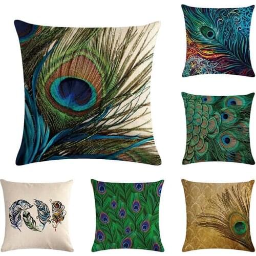 Feather Pillowcase Cotton Linen Home Decor FPeacock Feathers Cushion Cover 45x45cm Decorate Throw Pillow Cover Outdoor & Indoor
