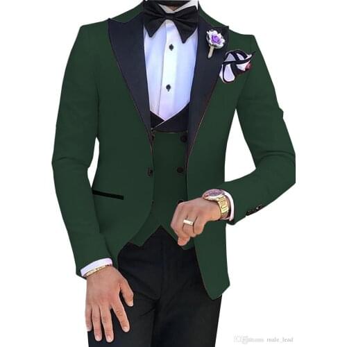 Brand New Men Suits Dark Green and Black Groom Tuxedos Peak Lapel Groomsmen 3 Pieces ( Jacket + Pants + Vest + Bow Tie ) D275