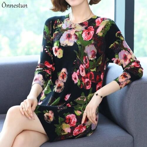 Floral Print Long Sweater Dress Autumn Casual Long Sleeve Pullovers Knitwear Jumper Plus Size Pull Elasticity Long Sweater Women