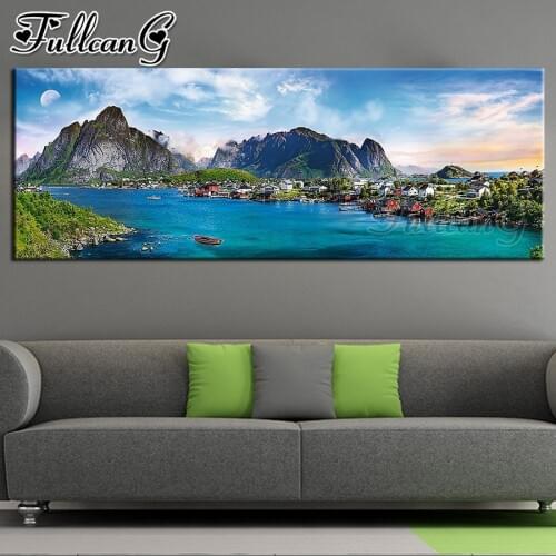 FULLCANG 5d diy diamond painting blue sky & white clouds & river full square/round drill mosaic embroidery landscape FC1262