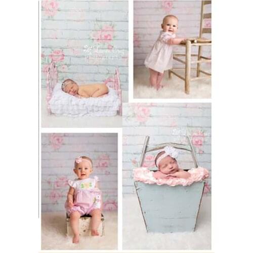 Simple Flowers Printed on Light Blue Brick Wall Photography Background Newborn Baby Photo Backdrops Kids Photo Props for Studio