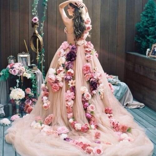 Luxury 3D Floral Wedding Dress 2017 Couture Handmade Flower Chapel Train Bridal Gown Vestido Longo Wedding Gown Robe De Mariage
