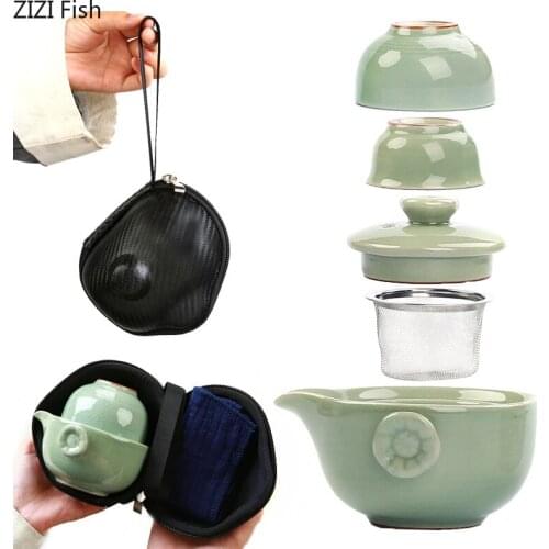 Modern Ceramics Quick Cup One Pot and Two Cups Portable Travel Bag Teapot Solid Color Green Tea Tieguanyin Kung Fu Tea Set