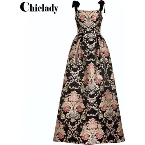 CHICLADY vintage baroque pattern printed spaghetti strap maxi dress for women party gothic girl A-line lace up large size robe