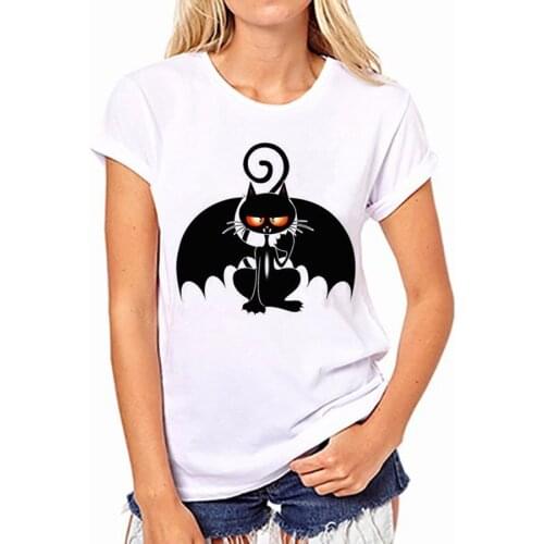AECU Female Basic Top Clothing Summer T-Shirt Womens Short Sleeve O-neck Ladies T Shirt Casual Funny Black Cat Tops Tees