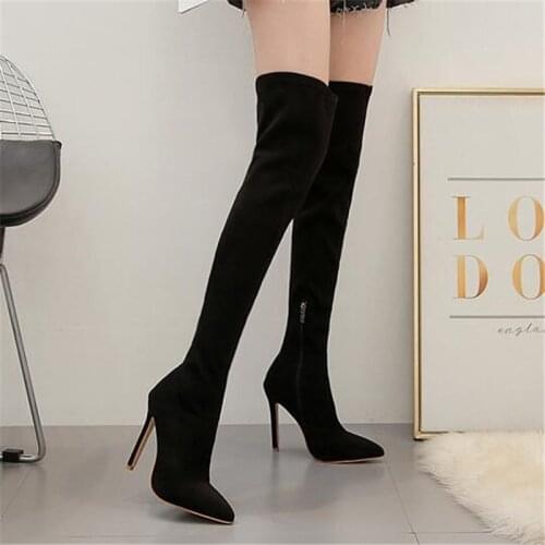 Womens shoes flock Slip On Thin Heels 11cm Pointed Toe high heel womens single shoe cover heel boots