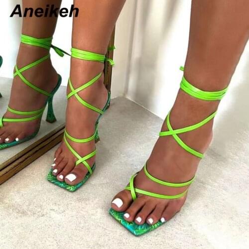 Aneikeh High Heels Print Womens Shoes Mixed Colors Totem Fashion Trend Sexy Narrow Band Retro Summer 35-42 Sandalias Mujer 2021
