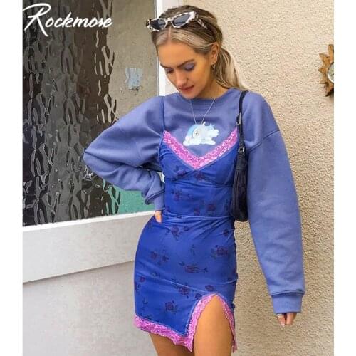 Rockmore Lace Patchwork Split Sexy Sundress For Women Flower Printed Spaghetti Straps Mini Dresses Bodycon Low Cut Dress Party