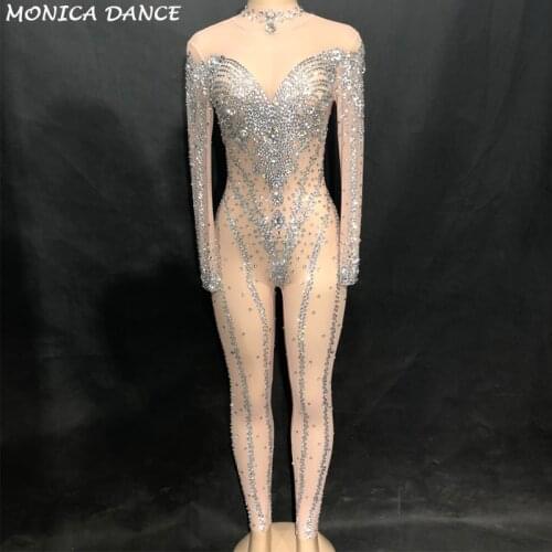 Women Sexy Stage Net Yarn Jumpsuit Full Of Glass Sparkling Crystals Bodysuit Nightclub Party Fashion Show Singer Bling Costumes