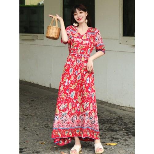 2021 Summer New Ins Womens Bohemian Travel Vacation Beach Wind Printing Long Dress Retro Ethnic Temperament Thin Dress