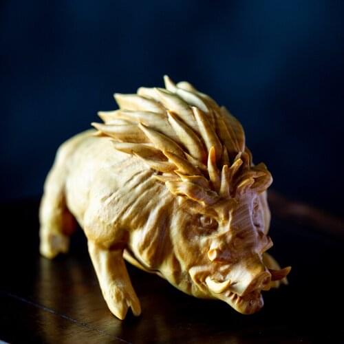 Boxwood 9CM Wild Boar Sculpture Wood Animal Statue Lucky Pig Home Decor