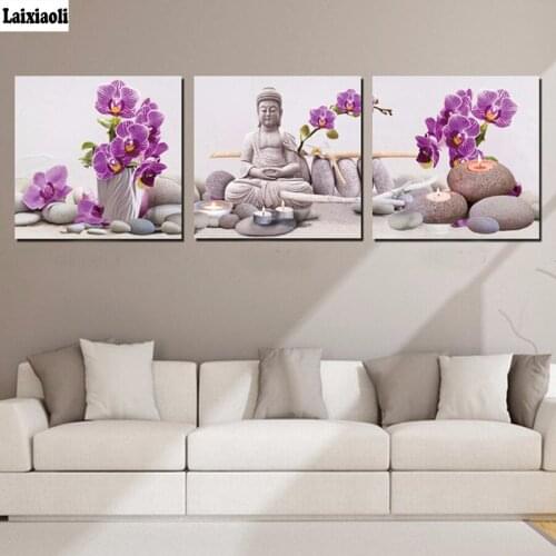 3pcs 5d diy diamond painting Full square Diamond Embroidery,Buddha orchid stone 3d pictures,Stitch Cross,Handmade,Mosaic,decor