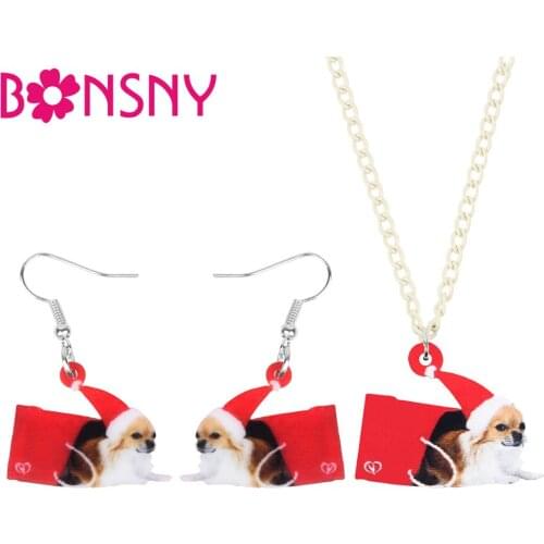 Bonsny Acrylic Christmas Hat Chihuahua Dog Gift Bag Jewelry Set Necklace Earrings Animal Jewelry For Women Girls Teens Accessory