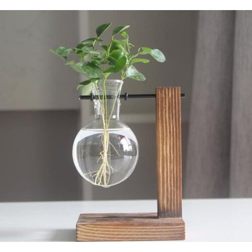 Wooden Frame Glass Vase Planter Desktop Hydroponics Plant Bonsai Flower Pot Transparent Bonsai Decor