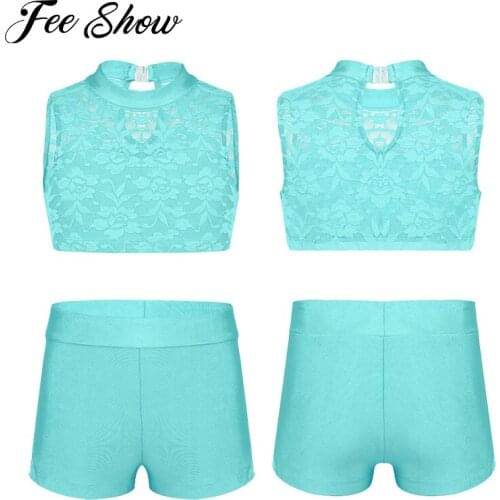 Kids Teens Sleeveless Floral Lace Crop Top with Bottoms Girls Ballet Sports Gymnastics Shorts Tops Set Children Stage Dance Wear