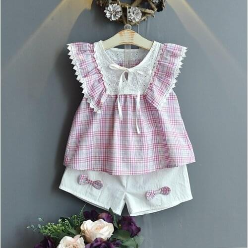 Toddler Girl Clothes Summer Kids Clothes Plaid Lace Shirt&bow Tie Shorts Fashion Korean Little Girls Clothing Set 3-7Y