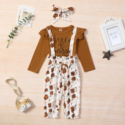 1-4Years Girls Clothes Set Letter Print Long Sleeve O-neck Tops+Floral Print Suspender Trousers+Headband