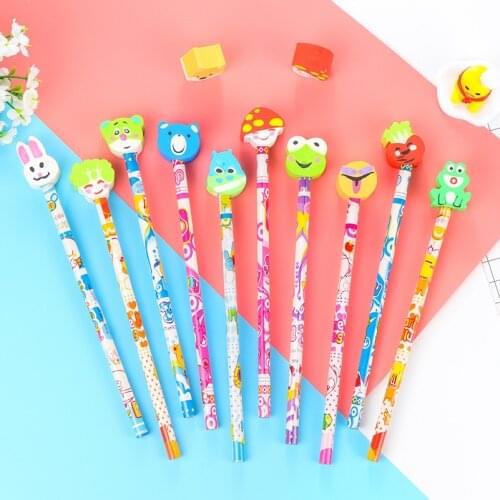 Creative Cute Kawaii Animal Head Rubber Cartoon Wooden Pencil Student Gift Learning Stationery School Office Supplies 1 Pcs