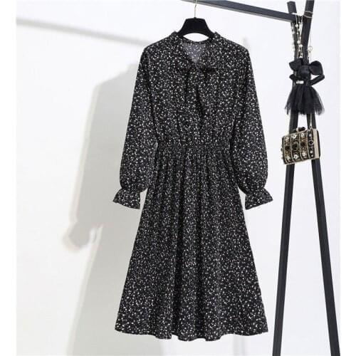 2021 New Fashion Womens Print Dress Female Casual Style Bow Neck Full Sleeved Dresses