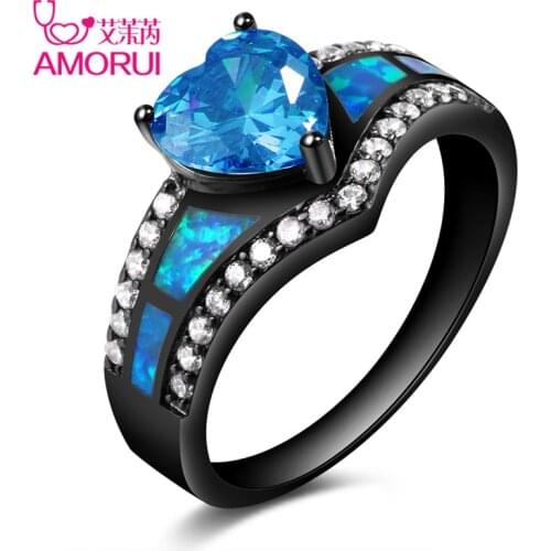 AMORUI Vintage Black Gold Color Rainbow Purple Green Blue CZ Stone Heart Wedding Rings for Women Fashion Opal Ring Jewelry Gift