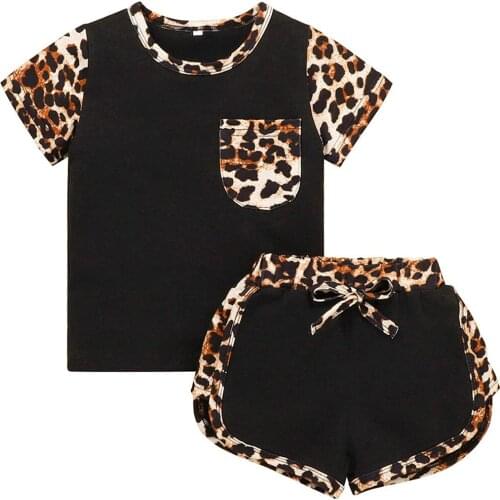 Toddler Girl Clothes Baby Outfits Leopard Tshirts Short Sleeve Pocket Top Pants 2PCS Summer Sets 1-6T