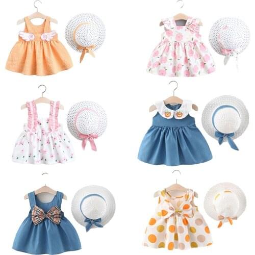 Beach Summer Dress 2021 with Hat Demin Dresses for Girls Floral Bohemian Sundress Childrens Clothing Sukienka Spring Dress 2021