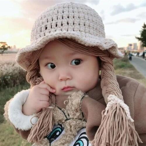 Handmade Knitted Baby Girls Wig Hat Infants Photography Props Headwear Newborn Wigs Brades Kids Crochet Cap with Plaits