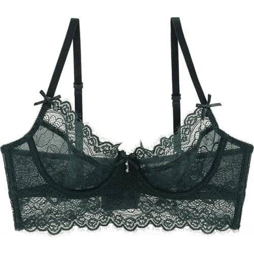 Sexy Underwear Ultrathin Bra Plus Size 38 40 42 Brassiere Green Women Lingerie Lace Eyelash Transparent Bras Embroidery