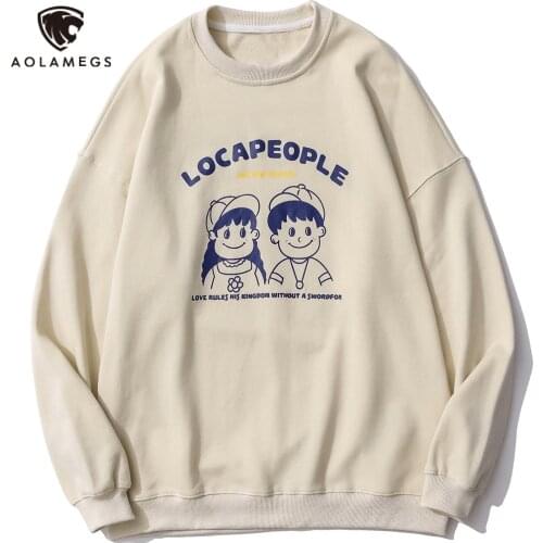 Aolamegs Sweatshirts Men Cartoon Boy Girl Print Autumn Streetwear Casual Anime Cozy Hoodie High Street Harajuku Pullover Unisex