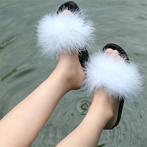 2019 Summer Flats Women Shoes Fur Slippers Furry Slide Ostrich Feather Home Women Slippers Fashion Flip Flops Beach Sandals