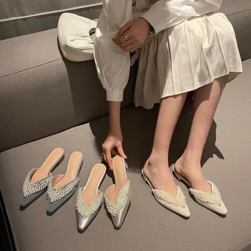 Pointed Toe Women Slippers Flats Heeled Rhinestone Design Slip On Silver Fashion Ladies Slides Casual Beach Shoes Woman Size 39