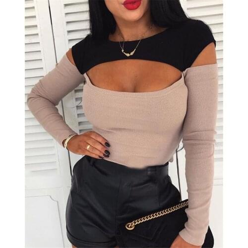 Long Sleeve Women Tops Elegant Slim Hollow Out O Neck Sexy Tshirt Color Contrast Fashion Streetwear Design
