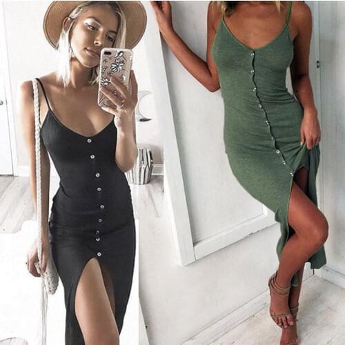 2020 Summer New Fashion Sexy Dress Ladies Sleeveless V-Neck Skinny Solid Button High Waist Mid-Calf Dress