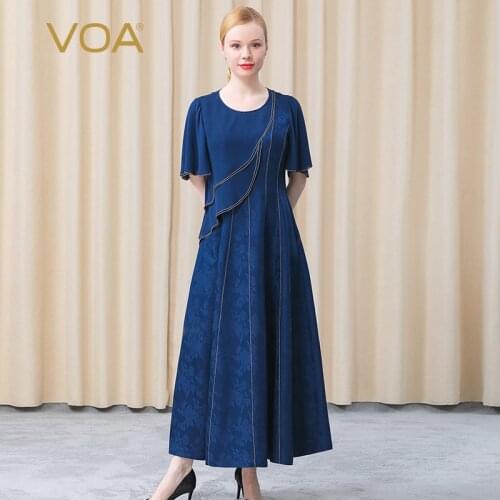 VOA Heavy 38m/m Silk Lotus Leaf Short Sleeve AE732 Round Neck Fake Two-piece Silk Dark Blue Jacquard Maxi Dresses for Women