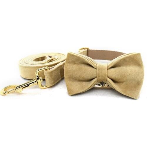 Gold Buckle dog collar leash for medium big dog pet necklace with bow tie Khaki velvet dog rope adjustable customized dog collar