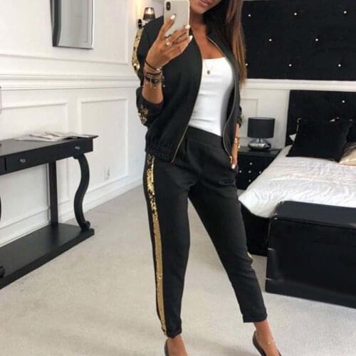 70% Hot Sell 2Pcs Women Jogging Suit Sequins Patchwork Tracksuits Sweatshirt Coat Pants Set