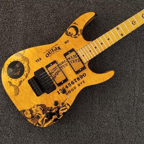 Top quality FDOG-005 yellow color Personality patterm black hardware Kirk Hammett Ouija Electric Guitar, Free shipping