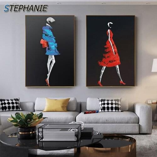 Abstract Fanshion Elegant Woman Model Canvas Art Blue Red Black Poster and Print Big Modern Wall Picture for Bedroom HD Tableaux
