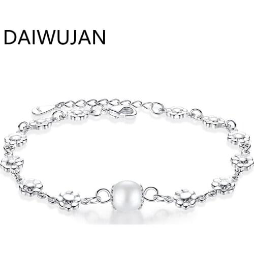 DAIWUJAN Charms 925 Stamp Flower Bracelets for Women Silver Plum Blossom Pearl Bracelet Adjustable Fashion Party Jewelry Gift