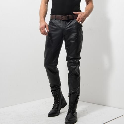 Italian Brand Men Genuine Leather Rock Stage Show Skinny Pants Motor Biker Pantalon Homme Zipper Fashion New Slim Male Trousers