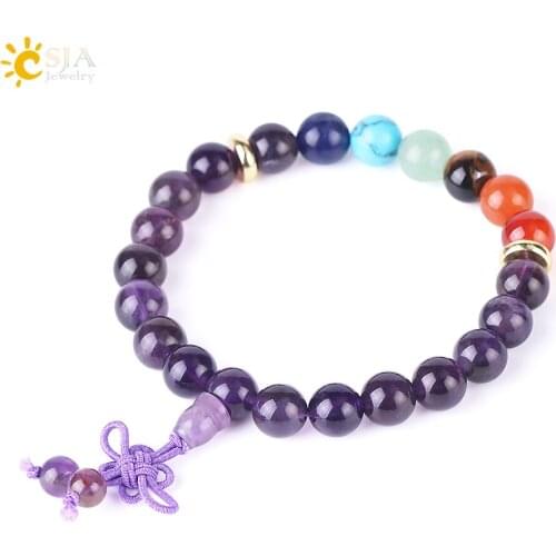 CSJA 7 Chakra Bracelet Chinese Knot Handmade Weave Natural Stone Bracelets Balance Healing Elastic Women Men Pulsera Bangle F521